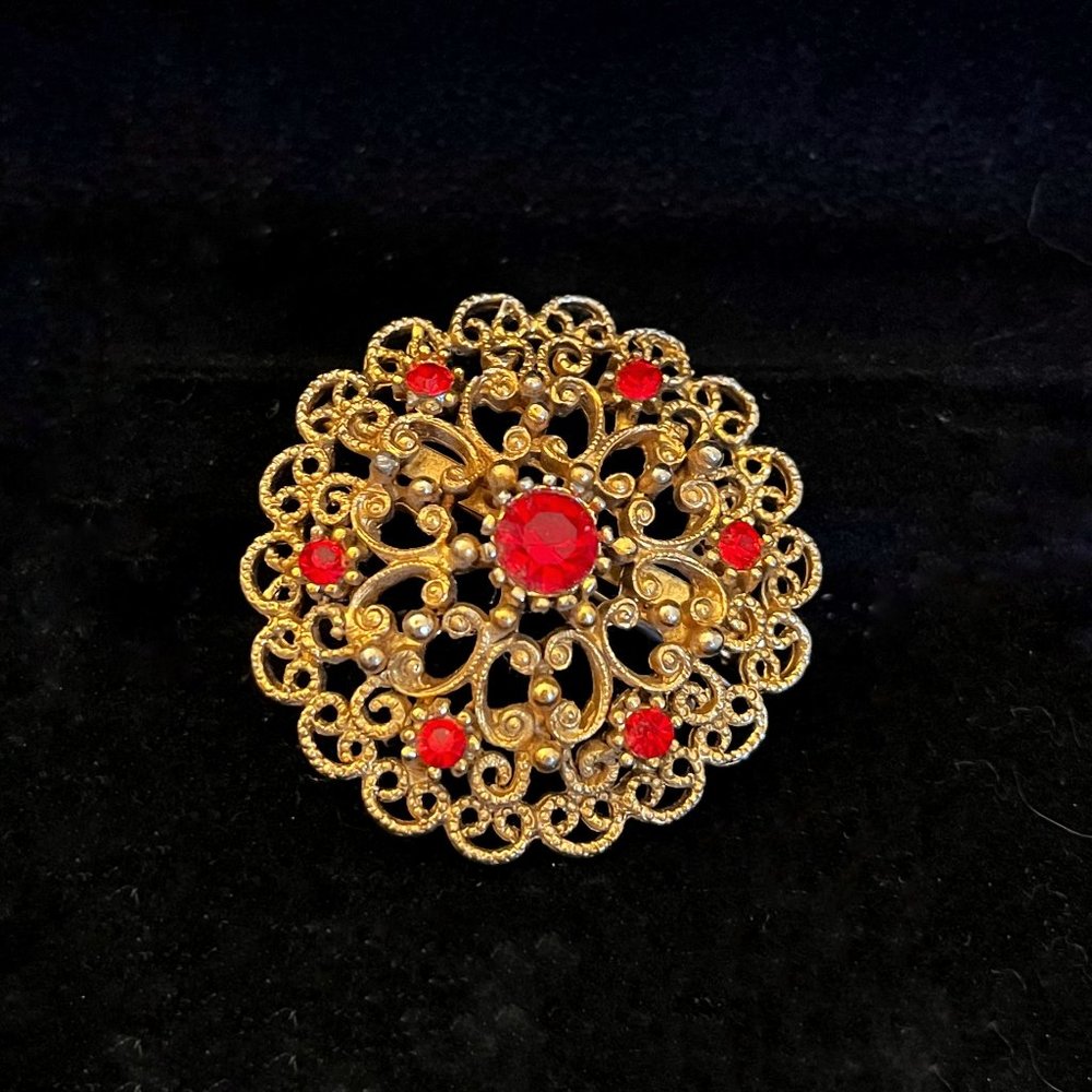 Vintage JJ Gold Pin with Red Stones